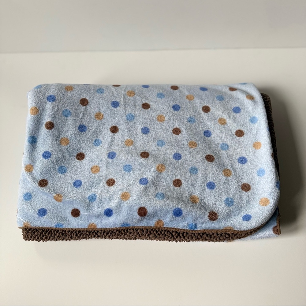 Just Born Brown Blue Tan Polka Dot Circle Baby Blanket Sherpa 30x40"